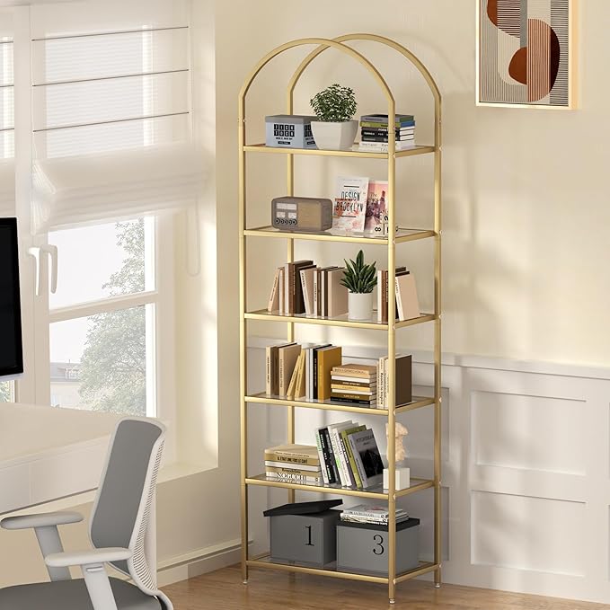 Homhedy Bookshelf Arched Display Racks,Metal Bookcase,Tempered Glass Shelves,Storage Rack Shelf for Home Office,Living Room,Bedroom, Bathroom,Modern Style (Golden, 11.8" D x 23.6" W x 73.6" H)