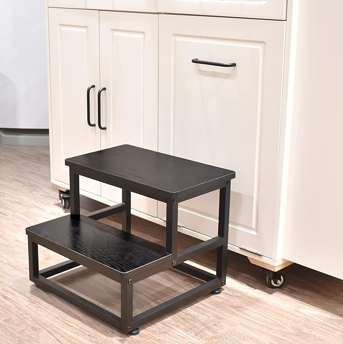 Step Stool, Bedside Steps for High Beds with Round Corners, 2 Steps Footstool for Adults, Metal and Wood Stepping Stool for Kitchen Bedroom, Load 500 LB, Black
