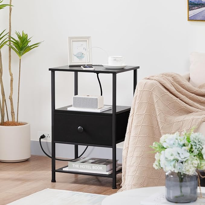 Night Stand Set 2, Black Nightstand with Charging Station, End Tables Living Room with Fabric Drawer for Small Spaces, Side Tables with Storage Shelf for Bedroom, HETS010BK