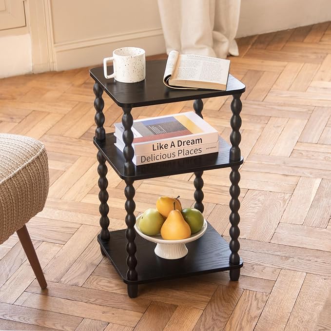 Side Table, Small End Table with Storage Shelf, Vintage Nightstand Bedside Table for Living Room, Bedroom, Office and Small Spaces (Black)