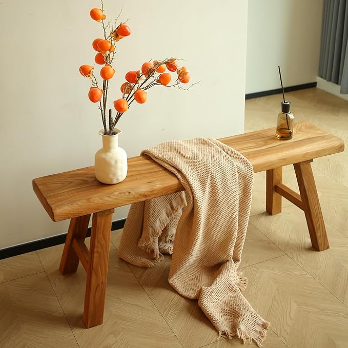 63in Wood Bench Indoor – Rustic Farmhouse Entryway Bench, Skinny Bench Design, Made of Extra-Thick Solid Wood, Perfect for Dining Room, Hallway, or End of Bed