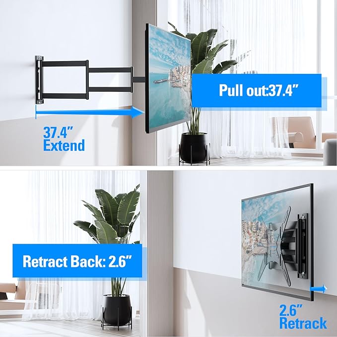 MOUNTUP Long Arm TV Wall Mount for Most 26-65 Inch TVs, Corner TV Mounts with 37.4 Inch Extension Arm, Smooth Swivel Tilt Single Stud Full Motion Bracket Max VESA 400x400mm, Holds to 77 lbs, MU0047
