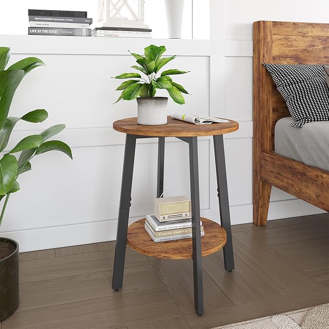 Side Table, Small Round End Table with Storage Shelf for Small Space, 2-Tier Bedside Table Sofa Couch Table, Round Accent Table Nighstands for Living Room, Bedroom, Rustic Brown