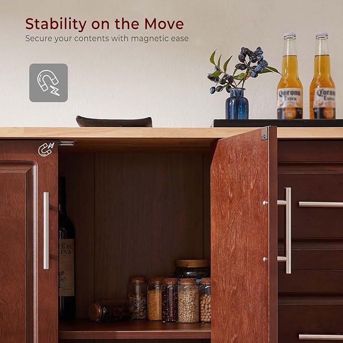 Walnut 54" Rolling Kitchen Island Cart with Storage, Large Kitchen Cart with Folding Drop Leaf Breakfast Bar, Wood Island Table with 3 Drawers and Spice Rack & Towel Rack, Brown
