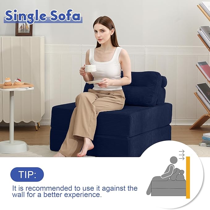 MeMoreCool Instant Guest-Ready Comfort — Convertible Folding Sofa Bed Chair with Pillow for Small Spaces & dorms, Removable Machine-Washable Cover, no Assembly, Space-Saving Floor futon, Navy