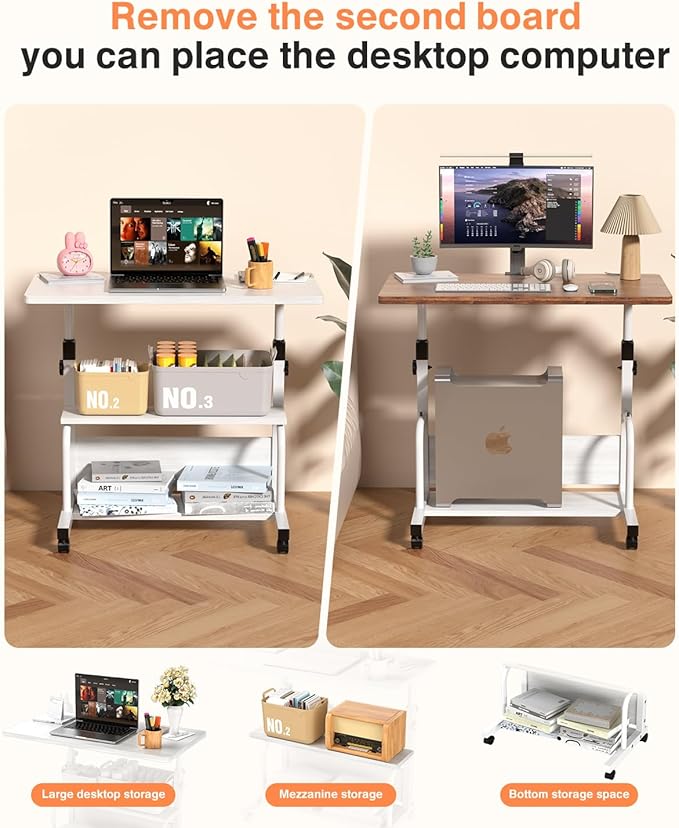 Portable Desk with Wheels Small Standing Desk on Wheels Adjustable Height Rolling Desks for Small Spaces, 32" Computer Desks with Storage Shelves for Home Office Study White