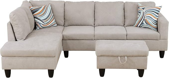 NicBex Sectional Couch 3 Pieces Sofa Set with Right Chaise Flannel L Shaped Cloud Couch for Living Room Furniture Sets with Storage Ottoman, Modular Sofa for Living Room & Apartment, Off-White