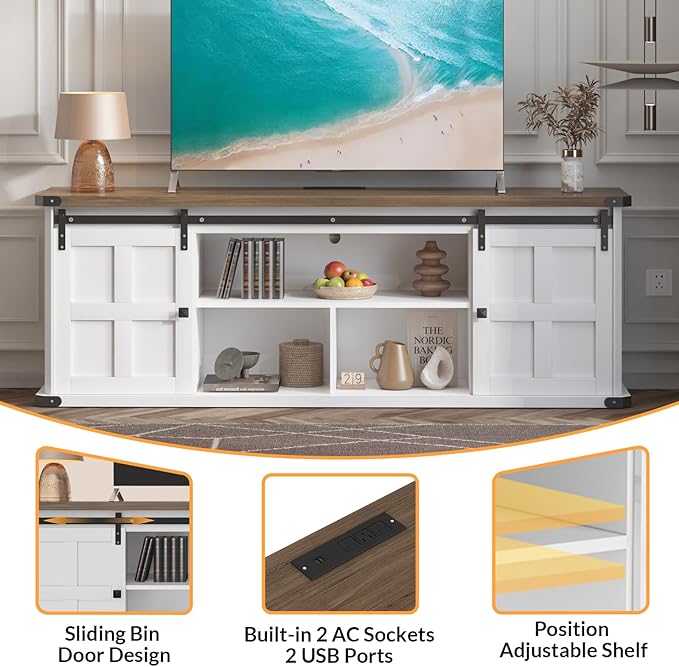 GAOMON 70" Farmhouse TV Stand for 80/75/70 Inch TVs,Entertainment Center Storage Cabinets w/Power Outlets and Sliding Barn Door,Rustic TV Stands for Living Room,Media Console Cabinet