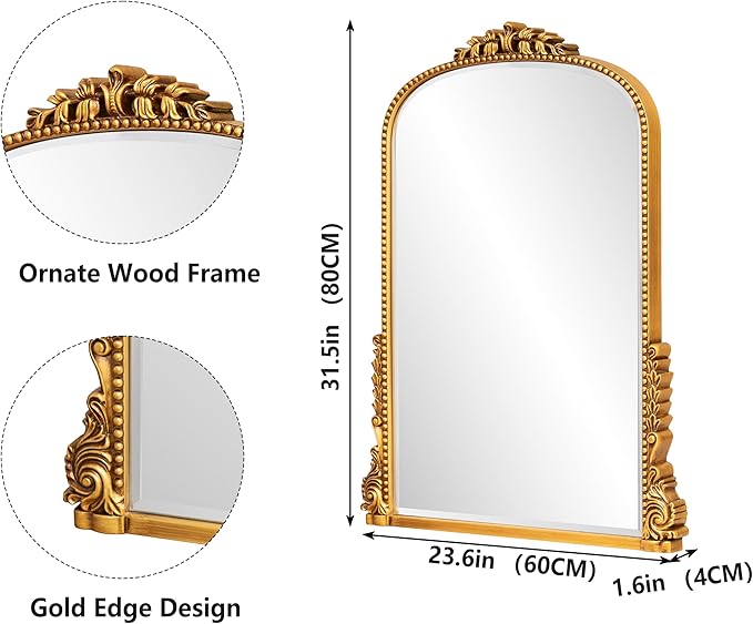 SHYFOY Traditional Gold Wall Mirror, Decorative Antique Wall Mirror, Vintage Mirrors for Wall Decor, Baroque Large Mirrors for Living Room Entryway Powder Room 31.5" x 23.6" Antique-Inspired décor