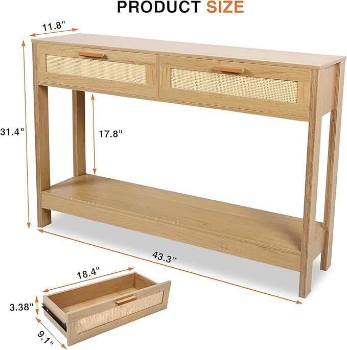 Console Table with Rattan Drawers Boho Entryway Table Narrow Long Sofa Table for Entrance, Hallway, Living Room, Couch