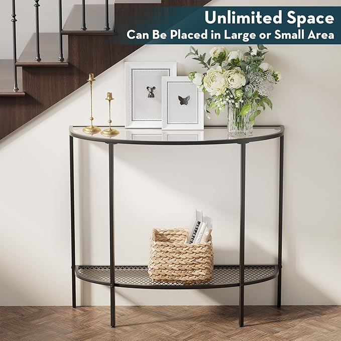 SAYGOER Glass Half Moon Console Table 2 Tier Narrow Entryway Table with Black Metal Frames, Modern Couch Table Small Entry Way Tables, Easy Assembly, Clear Glass