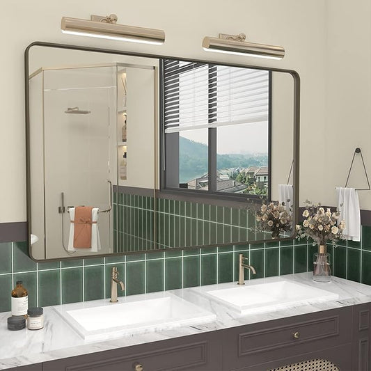 48x30 Bronze Bathroom Mirror for Wall, Brushed Bronze Metal Framed Bathroom Vanity Mirror, Rounded Rectangle Mirror, Anti-Rust, Shatterproof (Horizontal/Vertical)