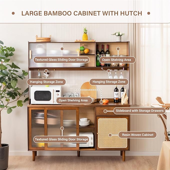 Tiita Kitchen Hutch with Countertop, 69” Rattan Solid Wood Pantry Cabinet with Hutch, Boho Bamboo Sideboard Buffet Cabinet, Boho Entryway Table for Living Room, Home Bar, Hallway, Walnut