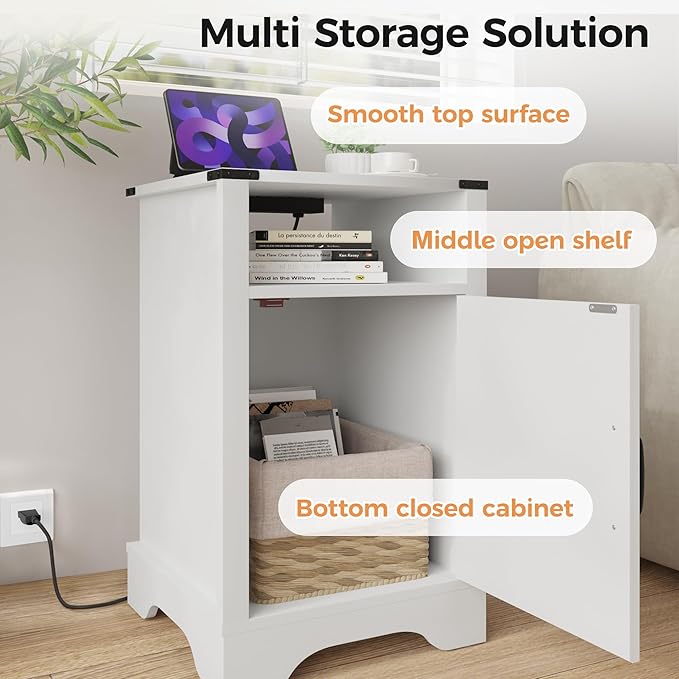 RoyalCraft Farmhouse Nightstand, White End Table with Charging Station, Tall Bedside Table with Large Storage Room and Shelf, Wooden Rustic Side Table for Bedroom, Home Office, White