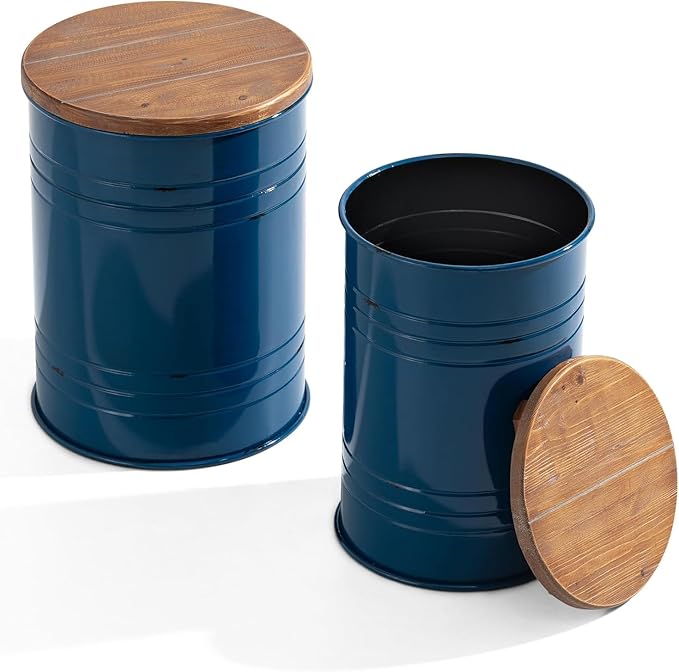 Glitzhome Farmhouse Accent Side Table, Metal Storage Stool Ottoman with Round Lid - Galvanized Coffee Cocktail End Tables Set of 2 for Living Room Bedroom, Navy Blue