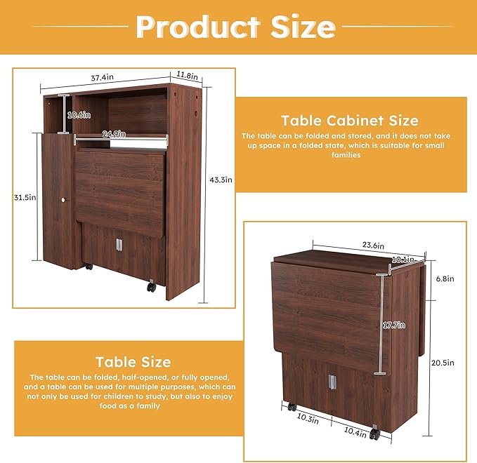 Ball & Cast Multifunctional Folding Dining Table with Wall-Mounted Sideboard & Storage,Wood Kitchen Island w/Four-in-one Socket and Silent Wheels,Space-Saving,Easy to Assemble,for Dining Room,Walnut
