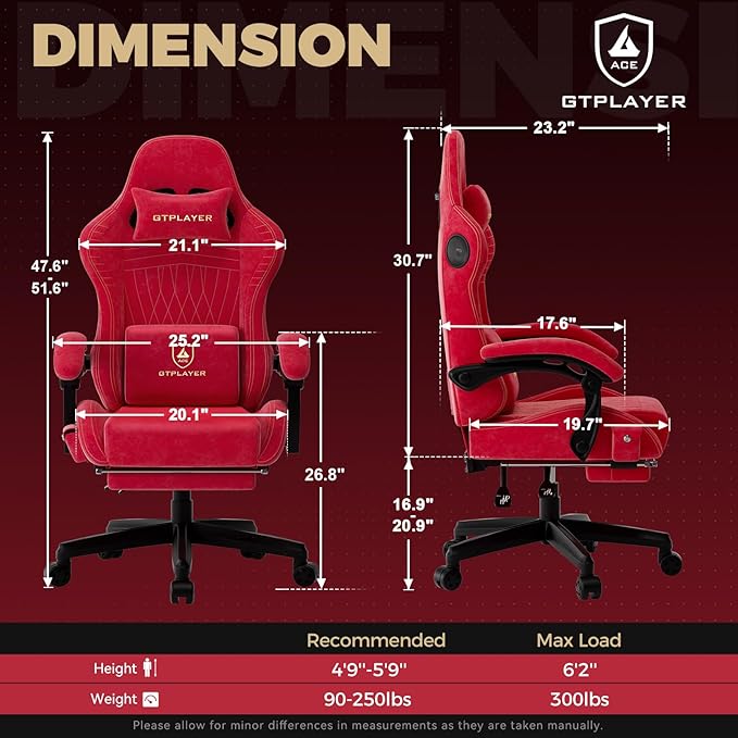 GTPLAYER ACE-PRO Music Gaming Chairs – Built-in Speakers, App Support & Bluetooth Control, Footrest & Pocket, Gamer Chair for Adults, Cherry Red - Velvet