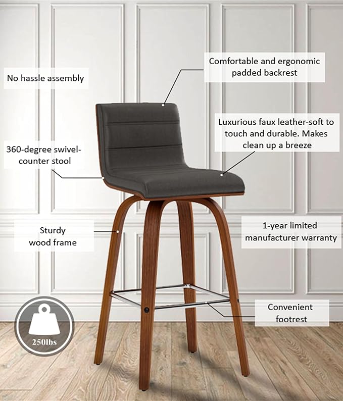 Armen Living Vienna 26" Swivel Counter Stool in Walnut Wood Finish with Gray Faux Leather - Set of 4
