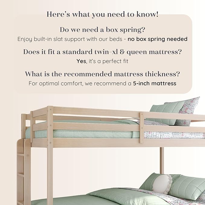 Grain & Grove Bear Twin XL Over Queen Bunk Bed, Sturdy Bunk Bed Frame for Kids, Plywood Bunk with Ladder, Guardrail, and Slats, No Box Spring Required, Oak Embossed Natural