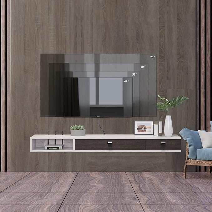 Pmnianhua Floating TV Shelf, 55'' Wall Mounted Floating TV Stand Unit Media Console Wall TV Console Cabinet Media Entertainment Shelf with 2 Doors for TVs up to 60 inch (Greyish-White)