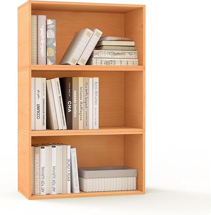 Sebastack 3 Cube Organizer Bookcase, Expandable Storage Shelves, Wooden Open Shelving Unit Book Shelf for Living Room, Office, Bedroom, Beech Color Wood Furniture (1 Set)