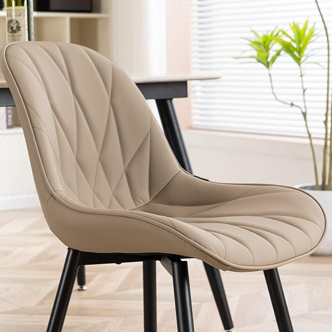 Rowill Dining Chairs Set of 2 - Modern Kitchen Chairs with Soft Backrest, Sturdy Metal Legs & Non-Slip Pads, Suitable for Home Kitchen, Faux Leather Upholstered Seats for Dining Room, Khaki