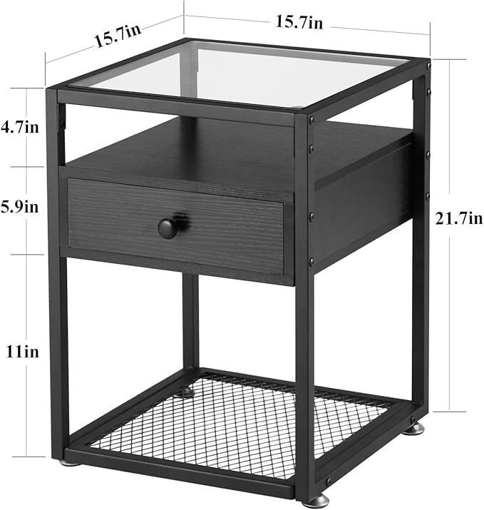 VECELO End Table, Modern Nightstand with Drawer, Night Stand Set of 2 for Bedroom Living Room,Tempered Glass