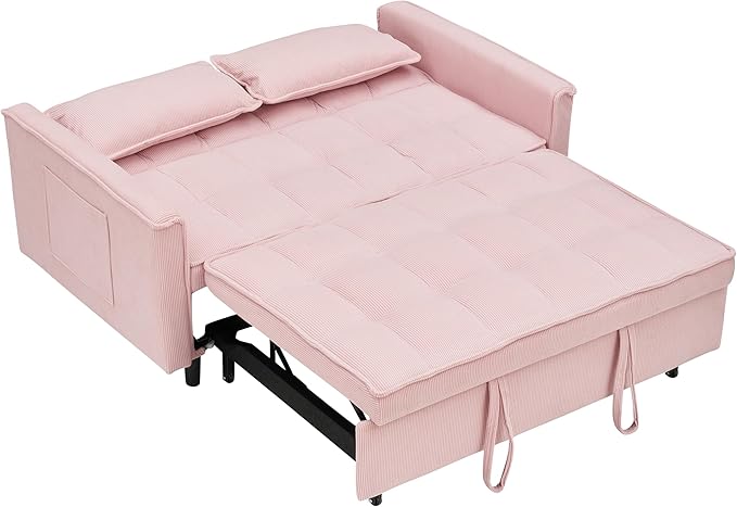 Ball & Cast Convertible Sofa Bed,Loveseat Sleeper Sofa W/Pull-Out Bed,Convertible Pull Out Couch W/2 Pillows,Adjustable Backrest&Side Pocket,Corduroy Futon Couches for Living Room,Apartment,Pink,54"