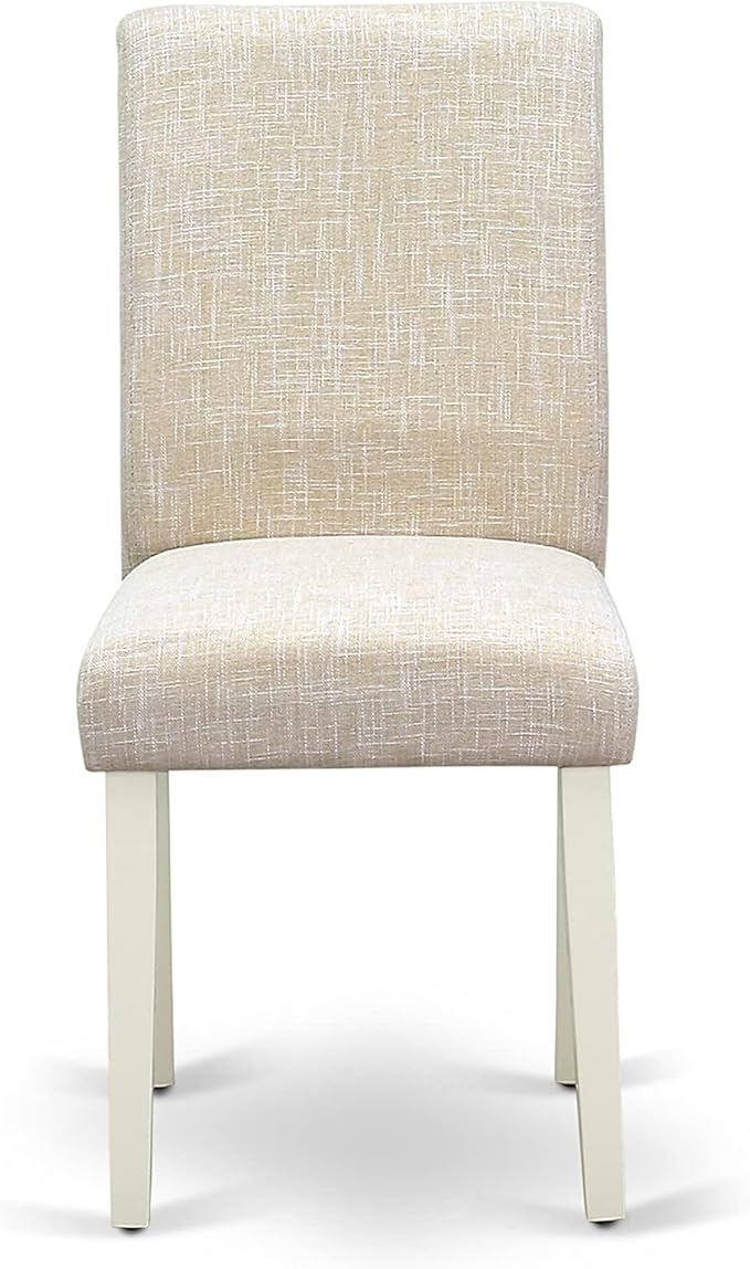 East West Furniture DMAB3-LWH-02 3 Piece Dining Table Set Contains a Round Dining Room Table with Dropleaf and 2 Light Beige Linen Fabric Upholstered Chairs, 42x42 Inch, Linen White