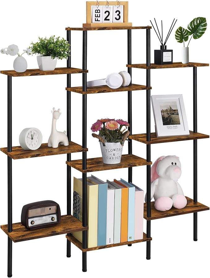 Shinoske 4-Tier Bookshelf,Small Triple Wide Bookcase for Books,CDs,Movies,Display Shelf with 10 Open Shelves for Living Room,Home Office,Balcony,Rustic Brown