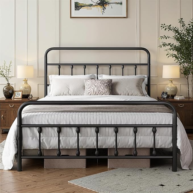 Full Size Bed Frame-Classic Metal Platform Bed Frame Mattress Foundation with Victorian Style Iron-Art Headboard/Footboard/Storage Space/No Box Spring Needed/Black