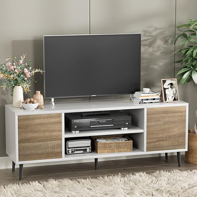 YESHOMY Modern TV Stand for 65" Television, Entertainment Center with Two Storage Cabinets, Retro Style Media Console for Living Room, Bedroom, Office, 58 Inch, White and Coffee