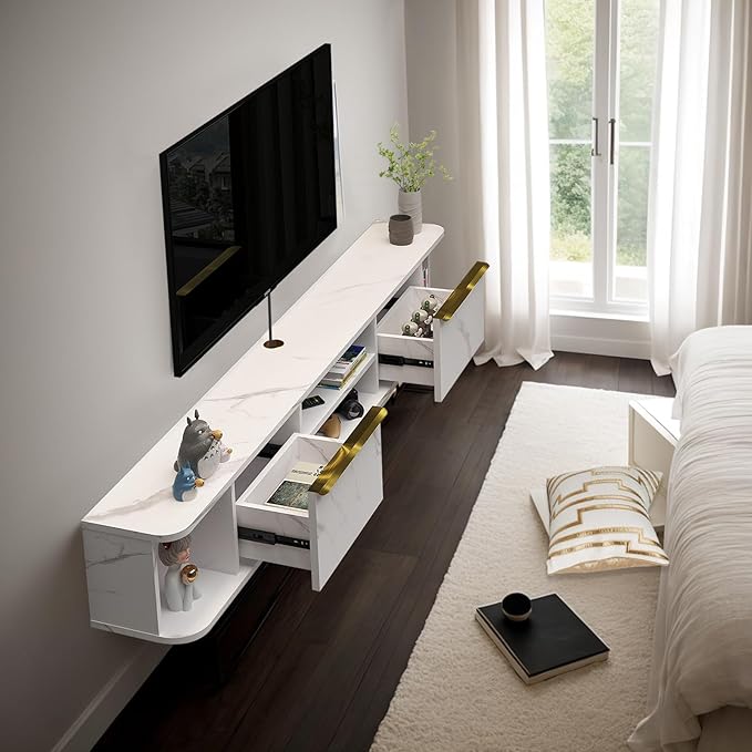 Pmnianhua Floating TV Stand with 2 Drawers,70'' Wall Mounted TV Shelf,Floating Shelf Under TV,Floating TV Console with Cabinets for Bedroom Living Room(White)