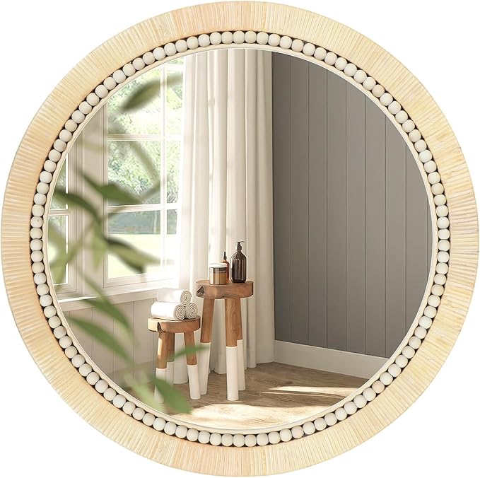 ULIKE Round Rattan Mirror, Bathroom 24 Inch Rustic Farmhouse Wall Decor with Handmade Wicker Frame, Boho Mirror for Nursery Bedroom Living Room Entryway