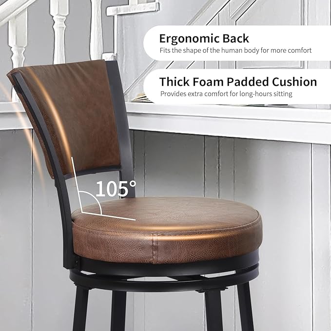 Bar Stools Set of 2, 25 Inch Metal Counter Height Bar Chairs, Modern Faux Leather 360° Round Swivel Barstools with Back, Counter Stools for Kitchen Island, Pub, Brown