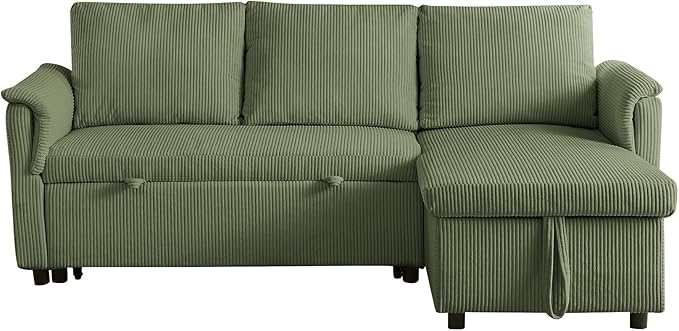 Ball & Cast Reversible Sectional Sofa Couch,L-Shape Sleeper Sofa Bed with Storage Chaise Pull Out Couch for Living Room | Hidden Storage | Pull Out Bed | Removable Backrest | Corduroy Fabric,Green