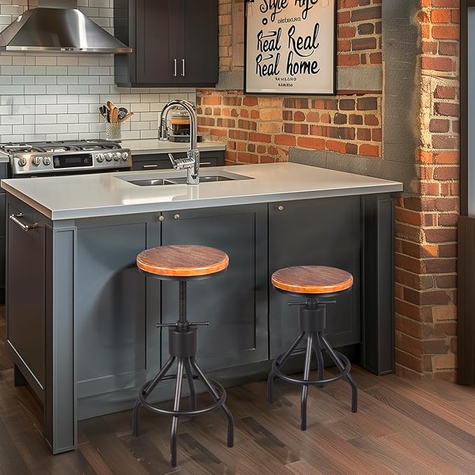 Diwhy Industrial Vintage Kitchen Counter Height Adjustable Bar Stool, Farmhouse French Stylish Kitchen Stool, Swivel Chair, Solid Wood Metal Chiar, Easy Installation, Fully Welded Set of 2 (Black)