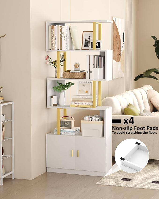 Yusong Geometric Bookcase with Cabinet, S Shaped Bookshelf 5-Tier Book Shelves for Bedroom, Modern Wood Decorative Display Shelf Tall Book Case for Home Office, Gold and White