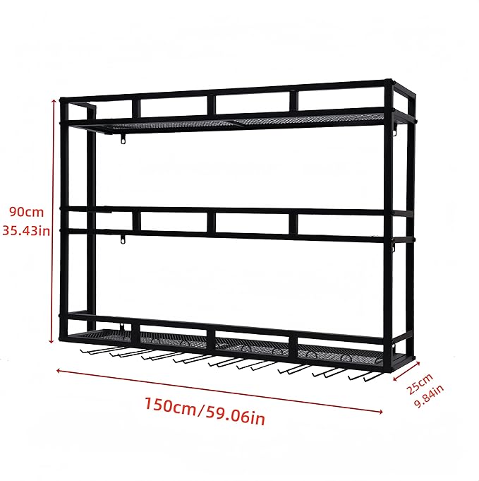 Metal Wine Rack Wall Mounted, Bar Shelves for Liquor Bottles with LED Light, 3 Tier Large Capacity Liquor Rack Wall Mounted with Glass Holder for Home Bar & Dining Room （Black, 59in/150cm）