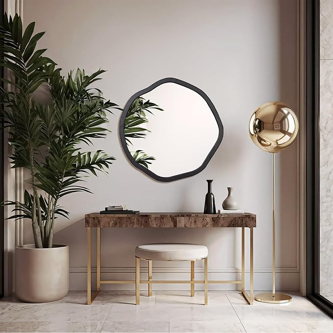 ULIKE Round Wood Mirror, 30 Inch Black Asymmetrical Circle Vanity Mirror with Wood Frame, Modern Decorative Wall Mount for Bathroom Bedroom Living Room Entryway