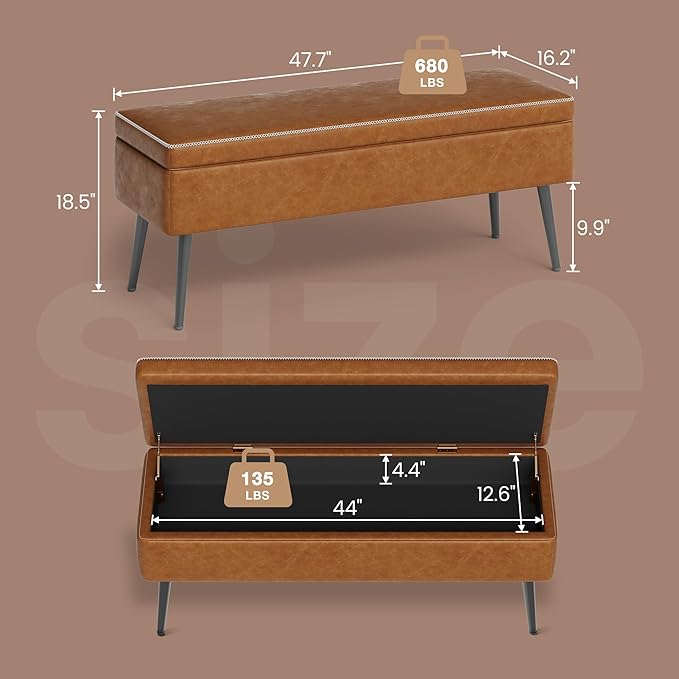 GarveeHome Storage Ottoman Bench, Mid-Century Modern Entryway Bedroom Bench, Synthetic Leather with Stitching, Safety Hinges, Loads 680 Lb, Brown