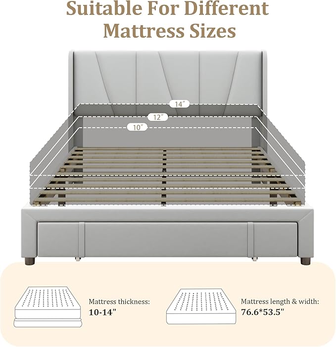 Full Bed Frame with Storage Drawers, Upholstered Platform Bed with Headboard and Wingboard, No Box Spring Needed, Noise Free, Easy Assembly, Wooden Support Slats, Light Grey