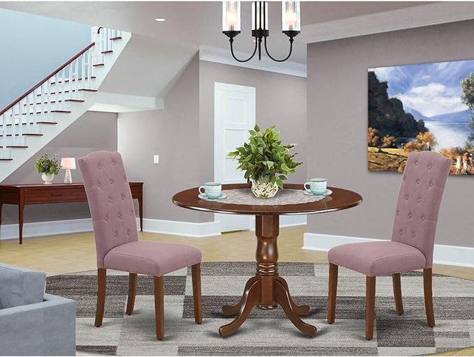 East West Furniture DLCE3-MAH-10 3 Piece Dinette Set for Small Spaces Contains a Round Dining Table with Dropleaf and 2 Dahlia Linen Fabric Parsons Dining Chairs, 42x42 Inch, Mahogany