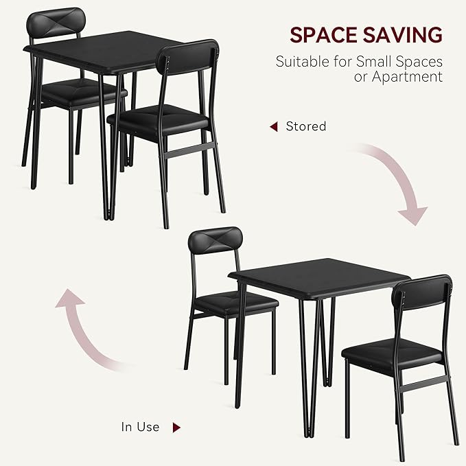IDEALHOUSE Dining Table Set for 4, Kitchen Table with Upholstered Chairs for Kitchen Room and Small Spaces (Black, Table with 2 Upholstered Chairs)
