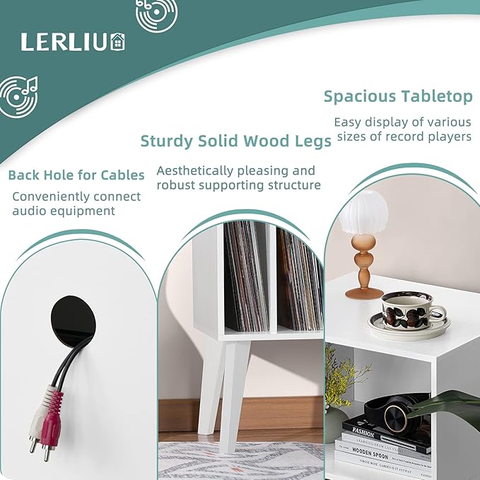 Lerliuo Record Player Stand, White Turntable Stand Holds up to 160 Albums, Mid-Century Vinyl Storage Cabinet Table with Solid Wood Legs, Record Player Holder Dispaly Shelf for Bedroom Living Room