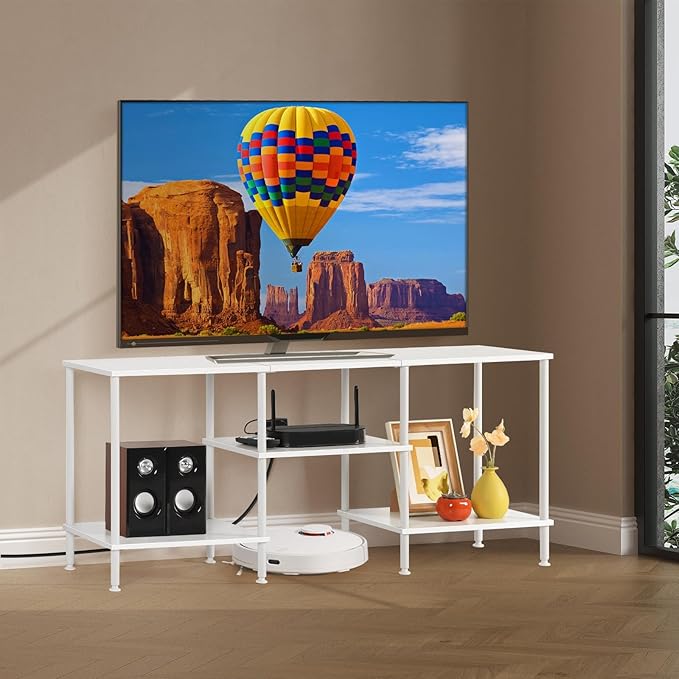 BTY White TV Stand with Storage, Wood Entertainment Center with Power Outlet, 3 Tier Small TV Table with Open Shleves for Living Room, Bedroom, Small Space, up to 50 inch TV