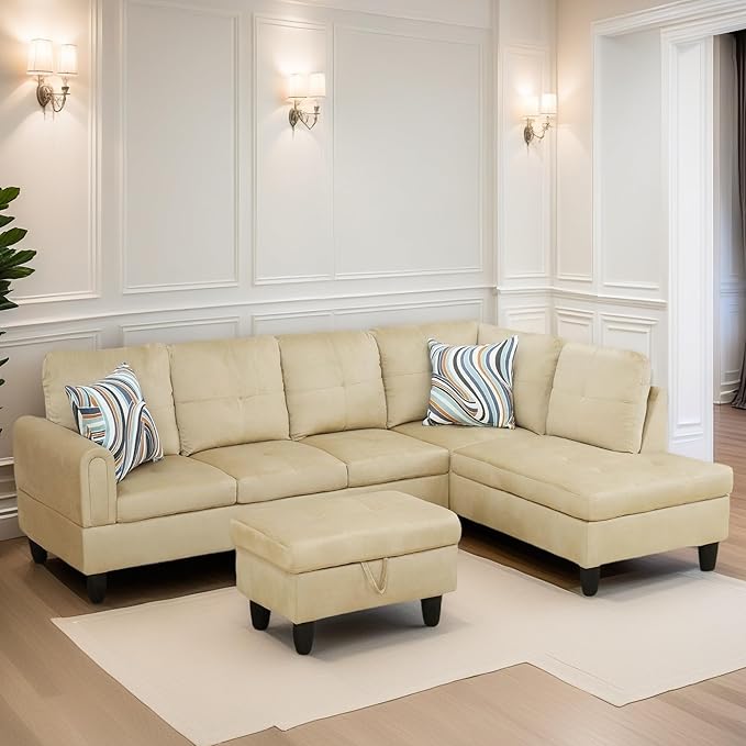 L Shaped Sectional Couches for Living Room, Modern Modular Sectional Sofa with Ottoman Storage, Comfy L Shaped Couch with Chaise for Bedroom Apartment Furniture, Beige