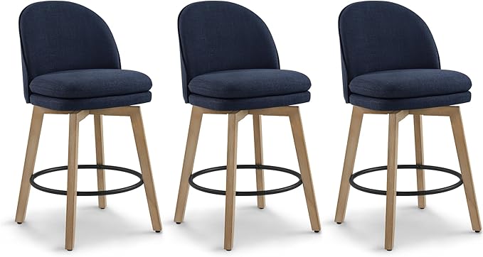 Counter Height Barstools 26 inch Upholstered Swivel Bar Stools with Back and Wood Legs for Kitchen Island,Set of 3,Blue Fabric-Armless