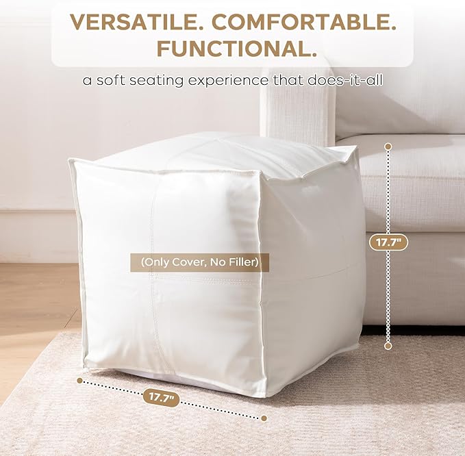 Unstuffed Pouf Ottoman Cover (Only Cover No Filler), 17.7x17.7 inch Faux Leather Moroccan Poofy Ottomans Cover, footrest Square White Footstool with Storage Waterproof Easy Cleaning for Living Room