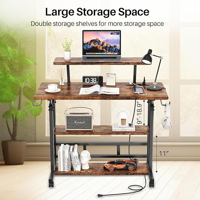 Adjustable Height Standing Desk with Power Outlets, Rolling Stand Up Desk with Monitor Stand and Storage Shelves, 31.5" Small Mobile Computer Desk, Portable Laptop Table (Retro Brown)